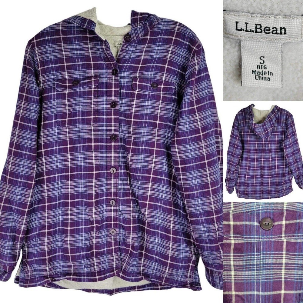L.L. Bean Fleece Lined Shacket Button Down Hooded LS Women's Small Purple Plaid